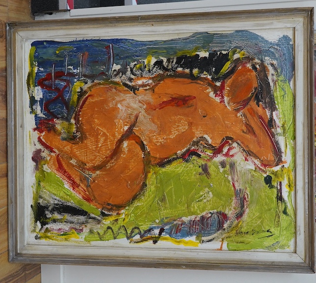 Oil on canvas, Abstract study of a reclining female nude, indistinctly signed, 75 x 96cm. Condition - good